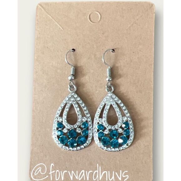 Bundle Sale 3 for $15 | Dangle Silver Tone | Blue Rhinestone Earrings - Picture 5 of 7
